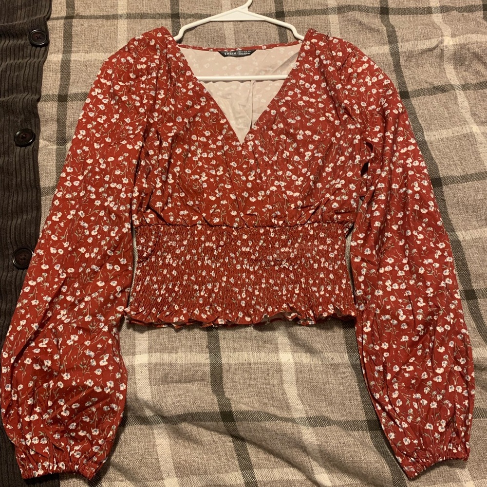 SHEIN size medium, red floral satin top, long sleeves